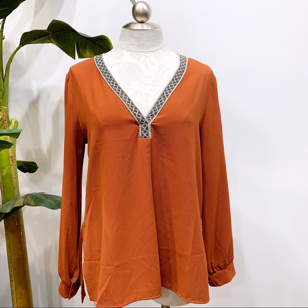 Lush Rust Orange Long Sleeve V-Neck Top